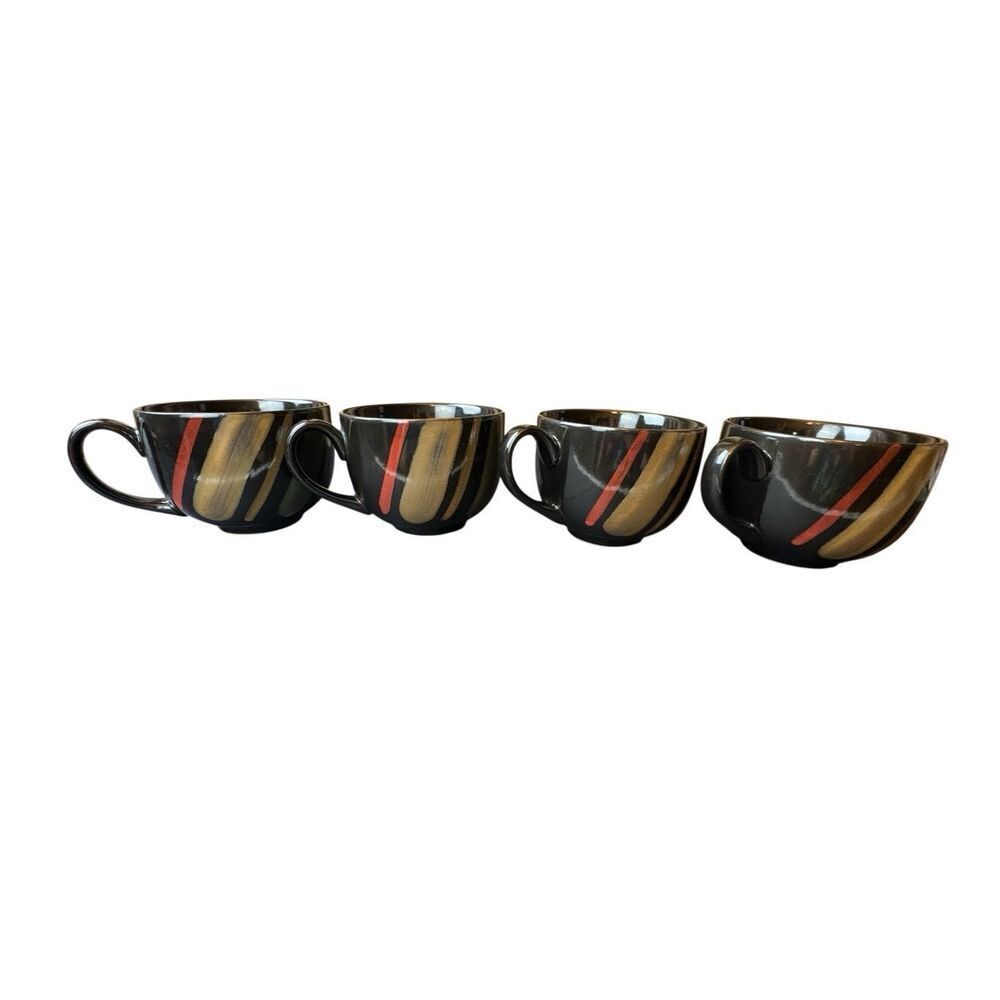 Sango Nova Black 4932 Soup Cups Lot of 4 Handles Black Red Gold Stoneware